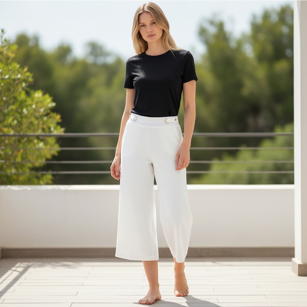Michael Michael Kors White Crop Wide Leg Pull-On Pants High Rise Gold Detail L